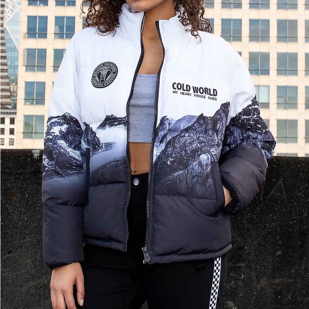 Broken Promises Glacier Cold Black & White Puffer Jacket, Sz Small